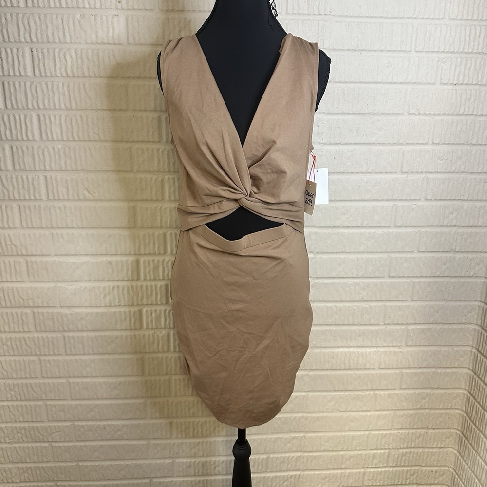 NWT Open Edit Knot Front Beige/Tan Sheath Dress Sz M Night Out Wide Strap V Neck